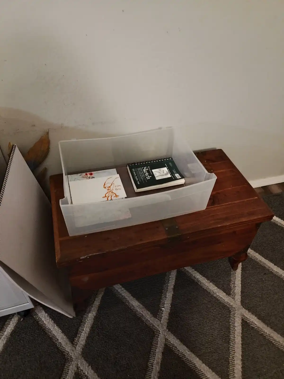 A transparent plastic storage bin sits atop a wooden chest, containing sketchbooks and art supplies, including one with a…