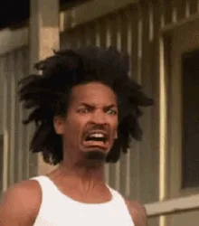 Six identical frames show actor Eddie Murphy in a white tank top, screaming with an intense, angry expression and wild afro…