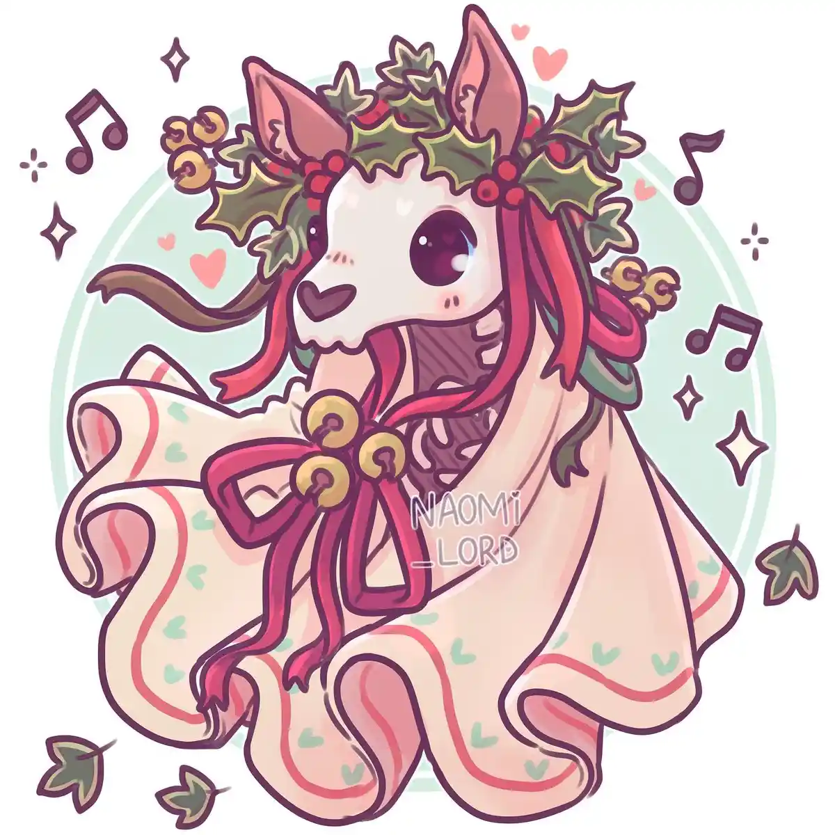 A cute, stylized cartoon alpaca is dressed in festive holiday attire, wearing a holly wreath with red berries and jingle…
