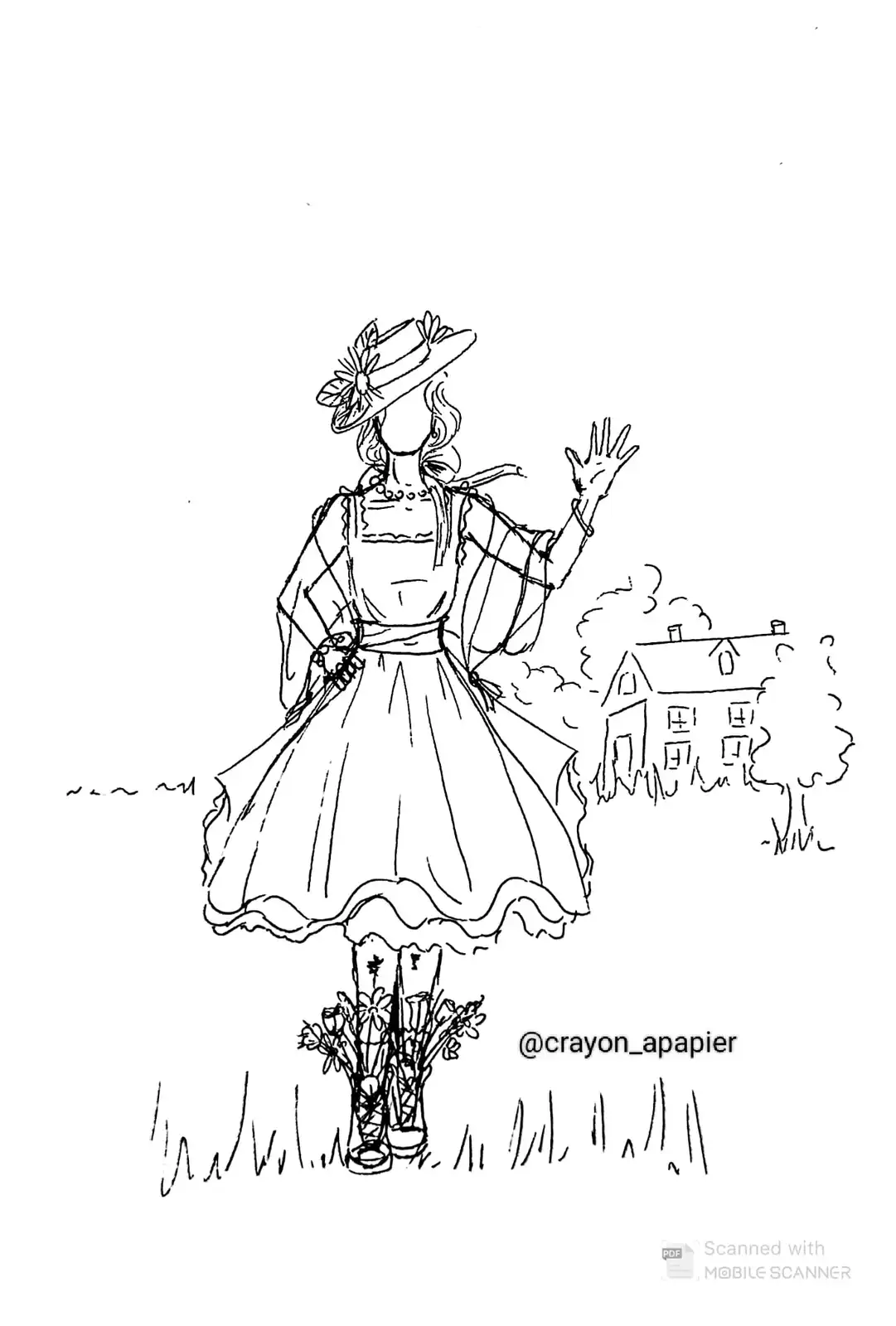 A black-and-white line drawing shows a woman in a frilly dress and hat waving, standing in grass with a house and trees in…