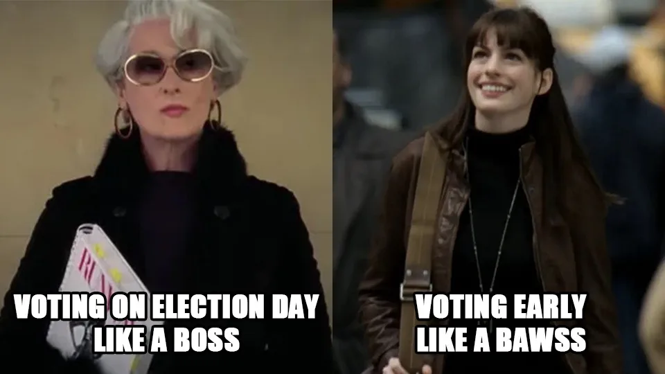 The image is split into two panels. Left: A woman with short white hair, large sunglasses, and a black coat holds a voting…