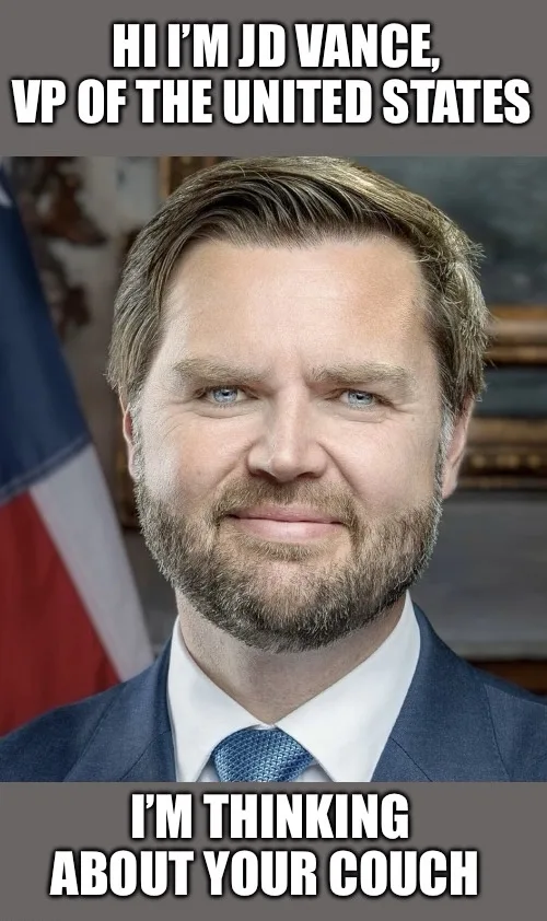 A photo of JD Vance in a suit and tie, smiling slightly with an American flag partially visible behind him. The image has…
