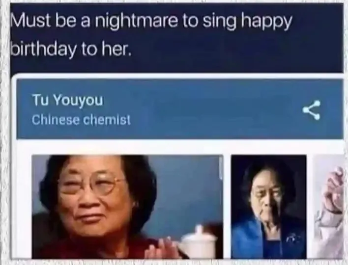 The image shows a screenshot of a social media profile for Tu Youyou, identified as a Chinese chemist, with three photos of…