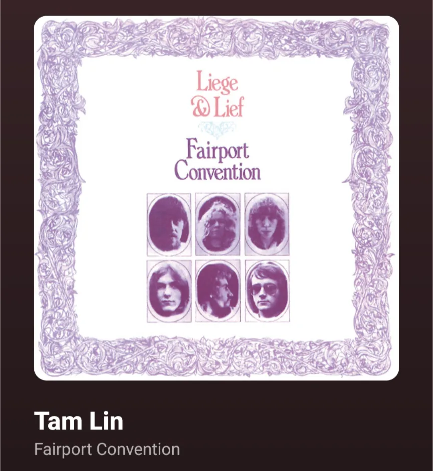 The image displays the album cover for 'Liege & Lief' by Fairport Convention, featuring six oval portraits of the band…
