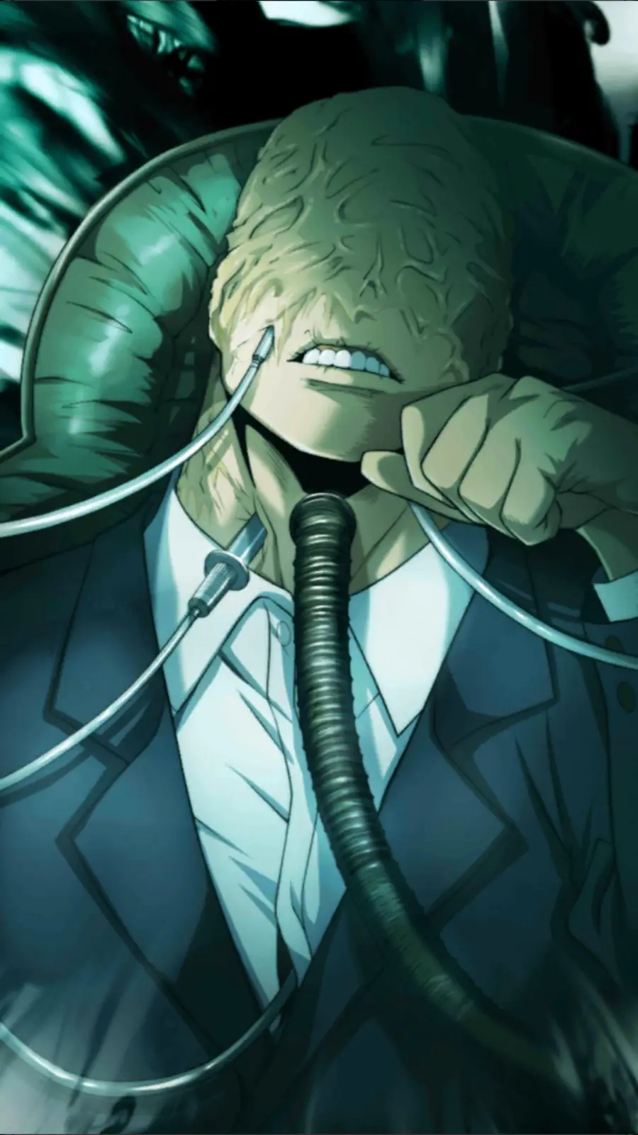 An anime character with a grotesquely distorted, wrinkled face and a breathing tube inserted into his mouth, wearing a suit…