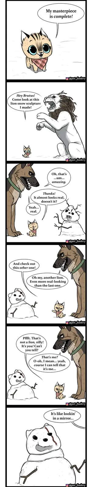 A five-panel comic strip featuring a small cartoon kitten proudly showing off snow sculptures to a large dog. The kitten…