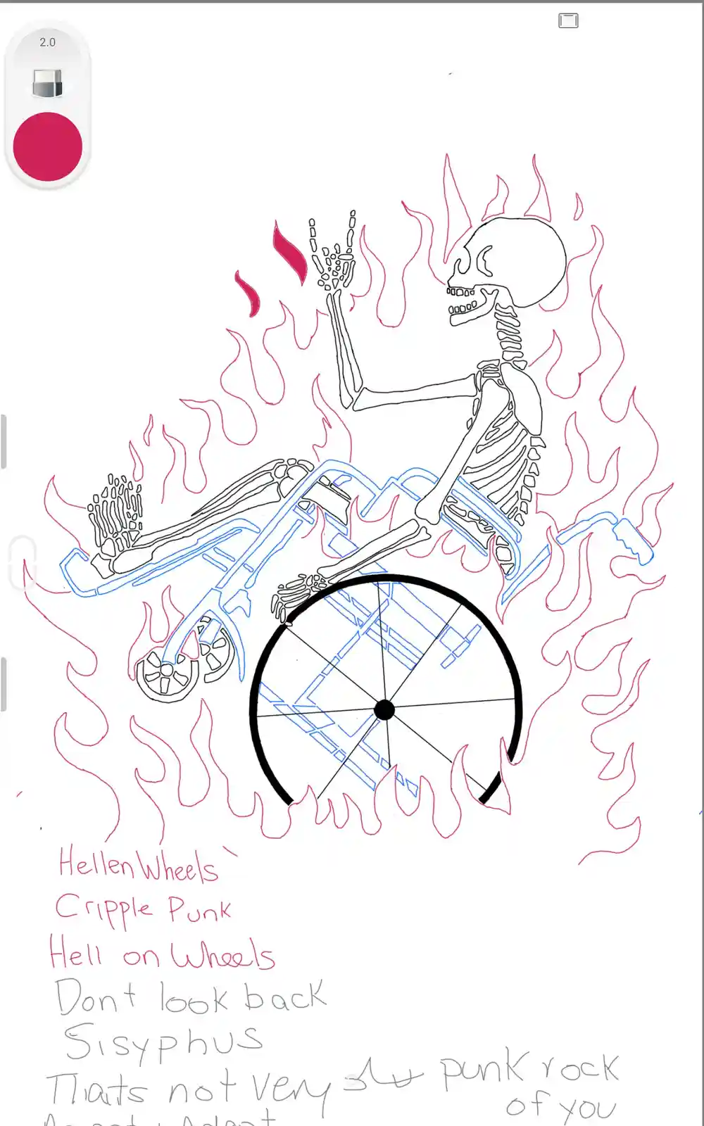 A hand-drawn image shows a skeleton riding a wheelchair engulfed in red flames, making a rock hand gesture. The wheelchair…