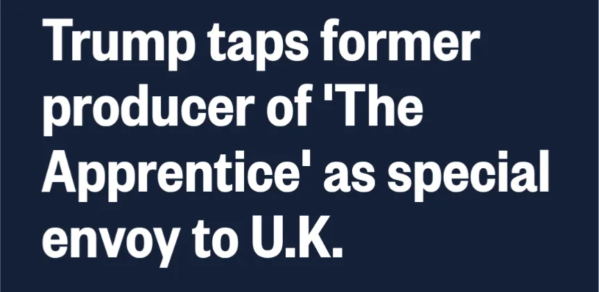 The image displays bold white text on a solid dark blue background. The text reads: 'Trump taps former producer of 'The…