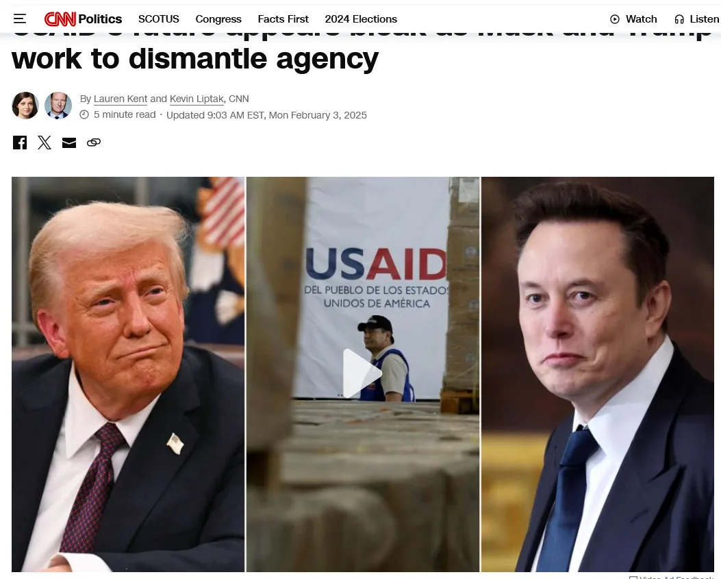 The image shows a CNN Politics article screenshot with three panels: Donald Trump on the left, Elon Musk on the right, and a…