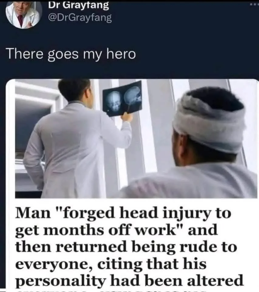 A man in a white lab coat holds up two x-ray images of skulls to another man wearing a surgical head wrap. The overlaid text…
