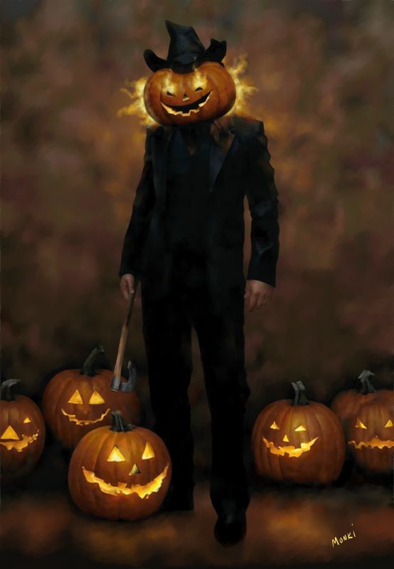A person in a black suit and top hat has a glowing jack-o'-lantern for a head, surrounded by several other lit…