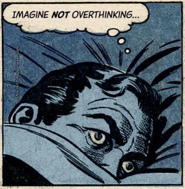 A vintage comic book panel shows a man with wild hair and wide, anxious eyes peeking from under a blanket, with a thought…