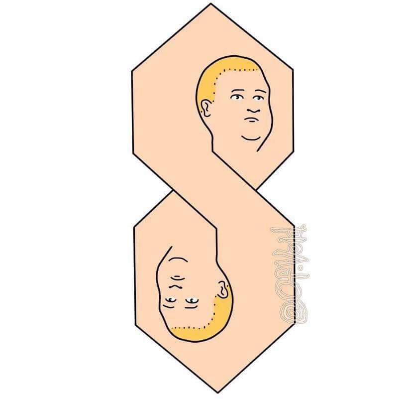 The image shows two cartoon faces inside a large, stylized letter 'S' shape. The top face is a bald adult with a neutral…
