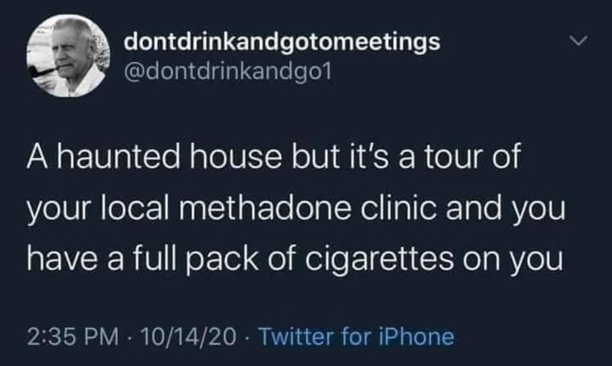 A screenshot of a Twitter post from the account 'dontdrinkandgotomeetings' showing a black-and-white photo of an older man…