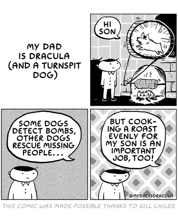 A four-panel comic strip where a man introduces his father as Dracula and a turnspit dog. In the first panel, Dracula greets…