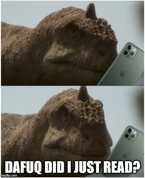 Two-panel image of a horned dinosaur (likely a ceratopsian) looking confused while holding a modern iPhone. In the bottom…