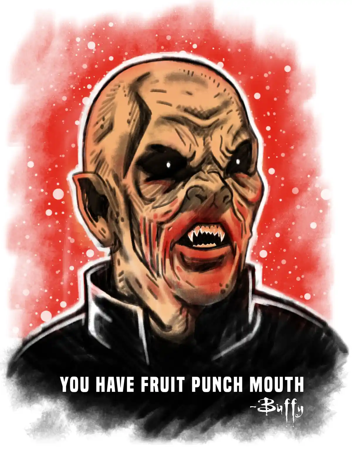A cartoon drawing of a bald, angry vampire with fangs bared, set against a red, speckled background. The text at the bottom…