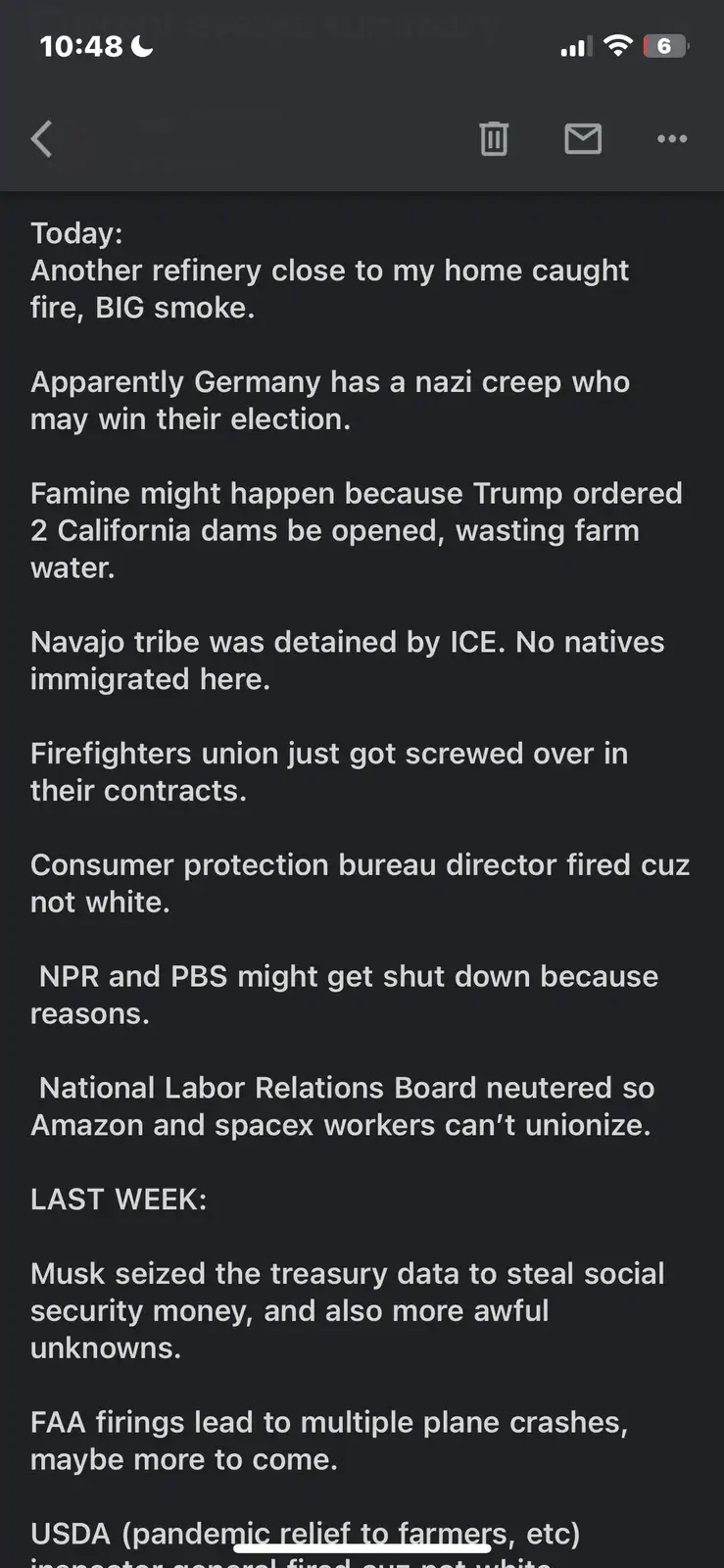 A screenshot of a dark-mode messaging app shows a text message titled 'current events summary' listing absurd, exaggerated…