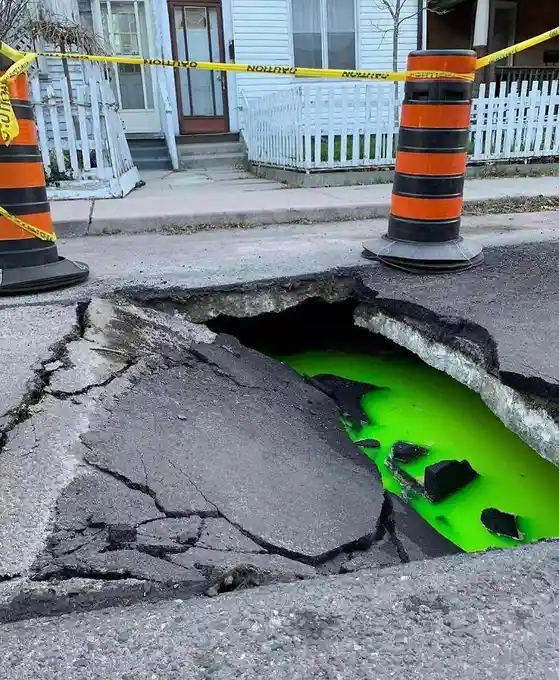 A large, jagged hole has ripped open in a residential street, revealing bright green liquid inside. Two orange-and-black…