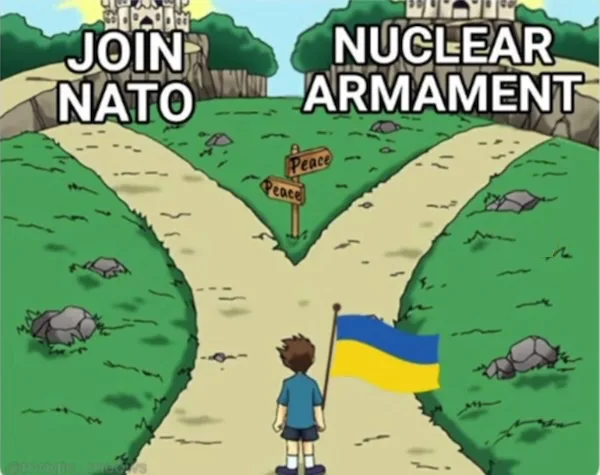 A cartoon boy holding a Ukrainian flag stands at a fork in the road. One path leads to a castle labeled 'JOIN NATO', the…