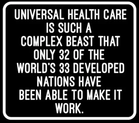 A black-and-white image displays bold white text on a black background, stating that universal health care is so complex…