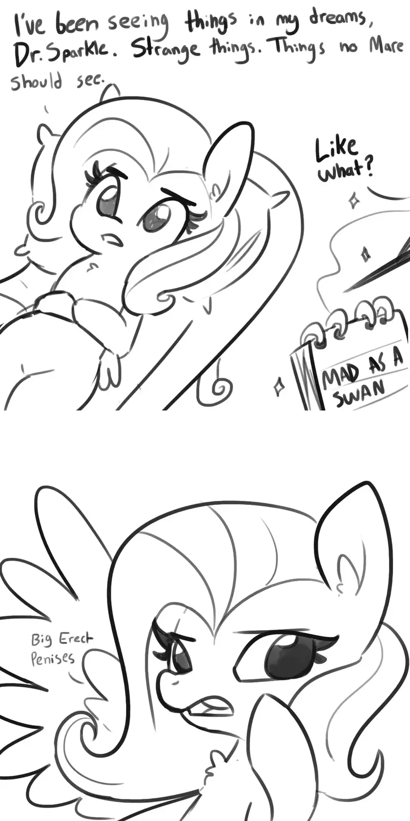 A black-and-white comic strip featuring two pony characters. The top panel shows a pony with a worried expression saying…
