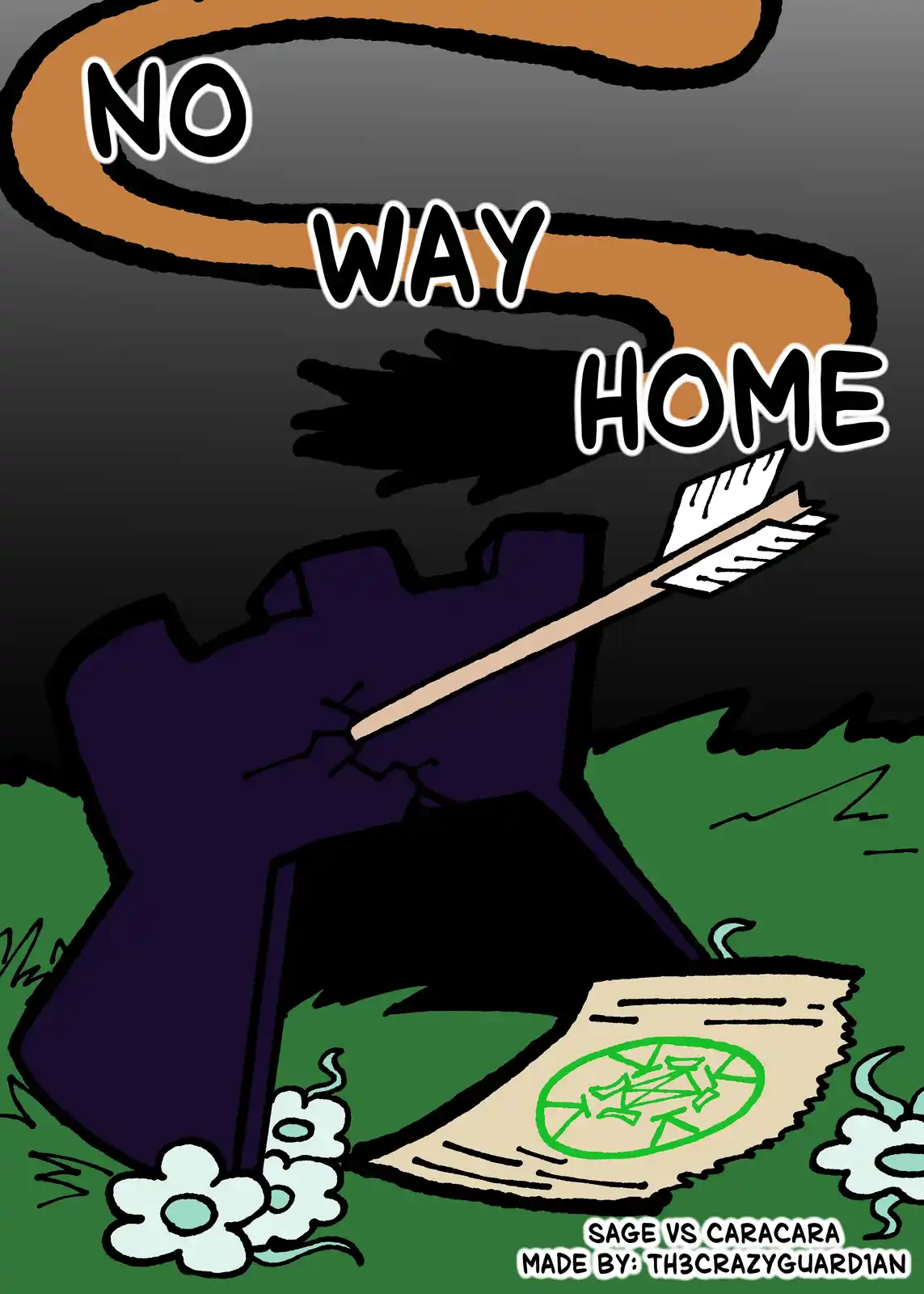 A cartoon drawing shows a dark, purple, X-shaped stone monument in a grassy field with white flowers. An arrow is embedded…