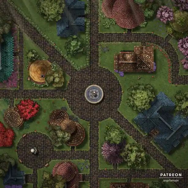 An overhead fantasy map depicts a village with cobblestone streets, various buildings with different roof styles, trees, and…
