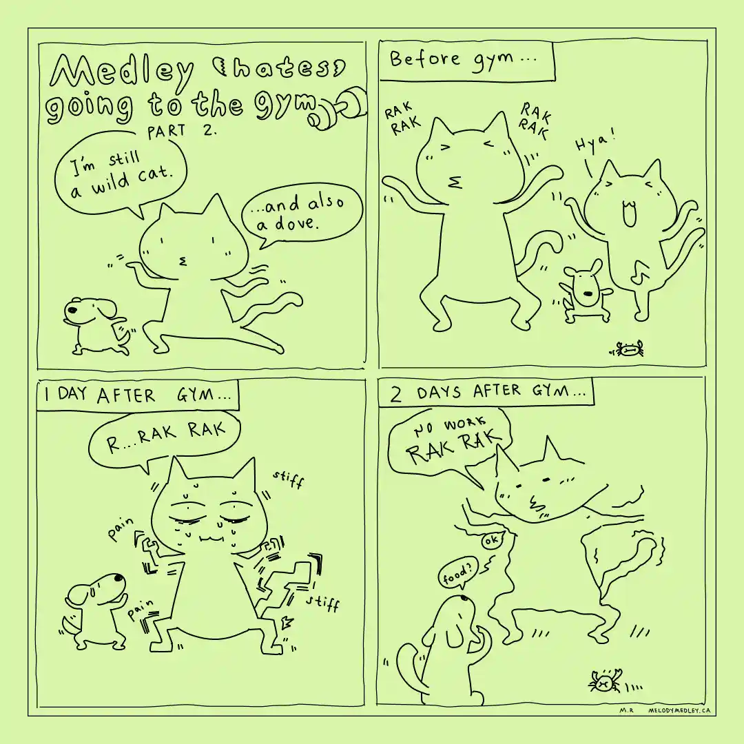 A four-panel comic strip by Melody Medley shows a cat and a dog. The cat, claiming to be a wild cat and a dove…