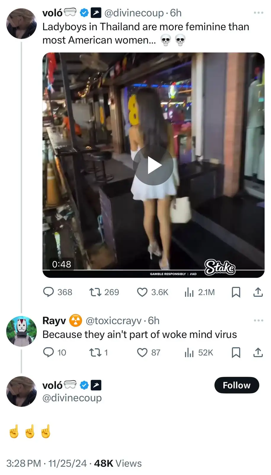 A screenshot of a tweet showing a video thumbnail of a person in a white dress and high heels walking away from the camera…