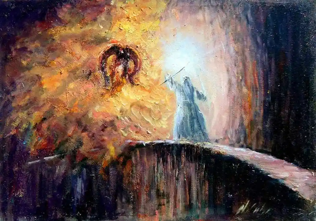 A dramatic painting depicts a robed figure in a dark robe standing on a bridge, holding a staff or sword, facing a glowing…