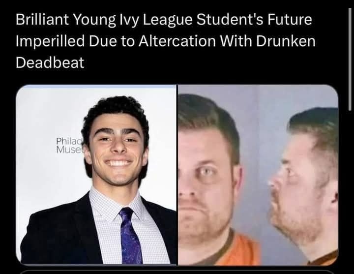 The image is split into two panels. The left panel shows a smiling young man in a suit and tie, with 'Philadelphia Museum'…