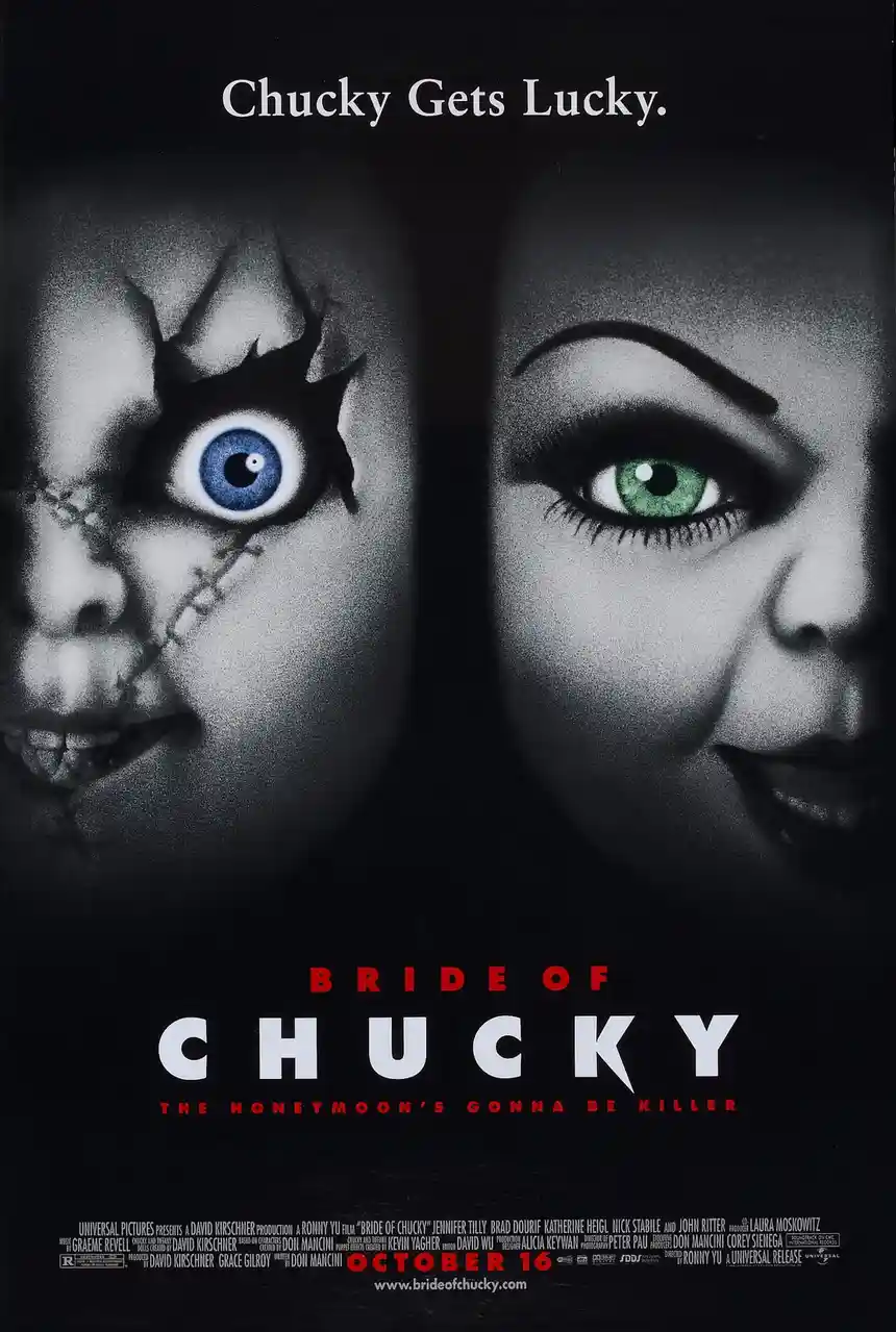 A black-and-white movie poster for 'Bride of Chucky' shows two faces side-by-side: one is the doll Chucky with a stitched…