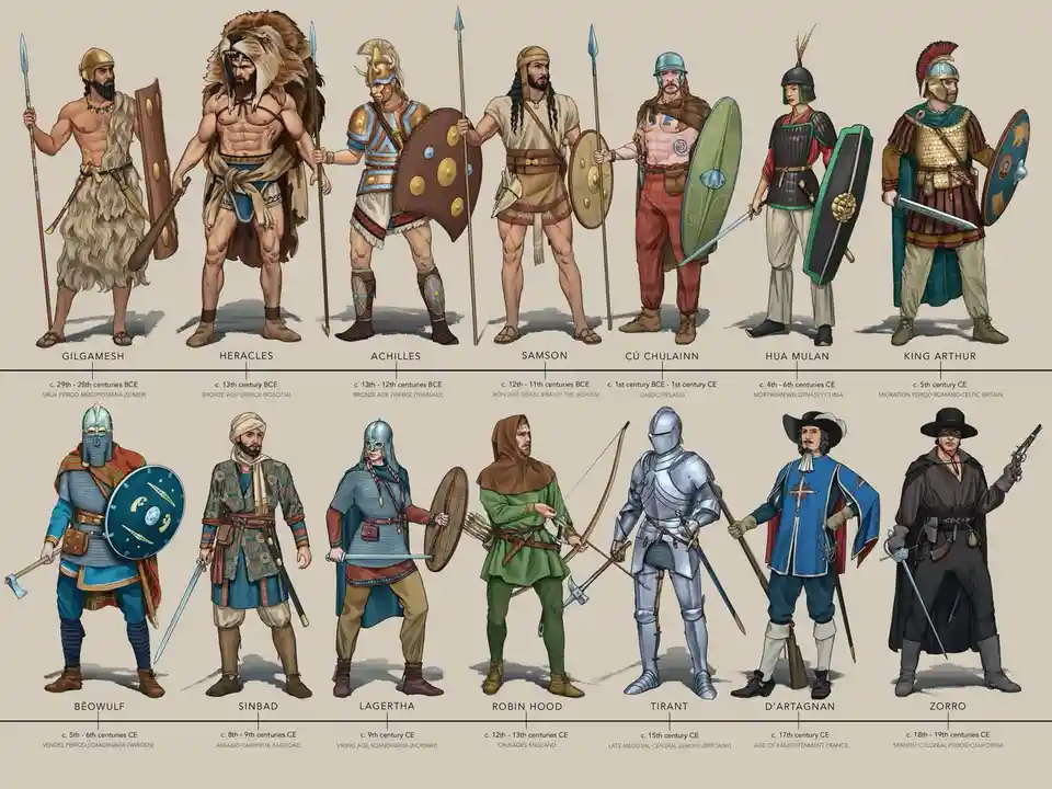An illustrated chart displays 12 historical and legendary warrior figures, each depicted in period-accurate armor and…