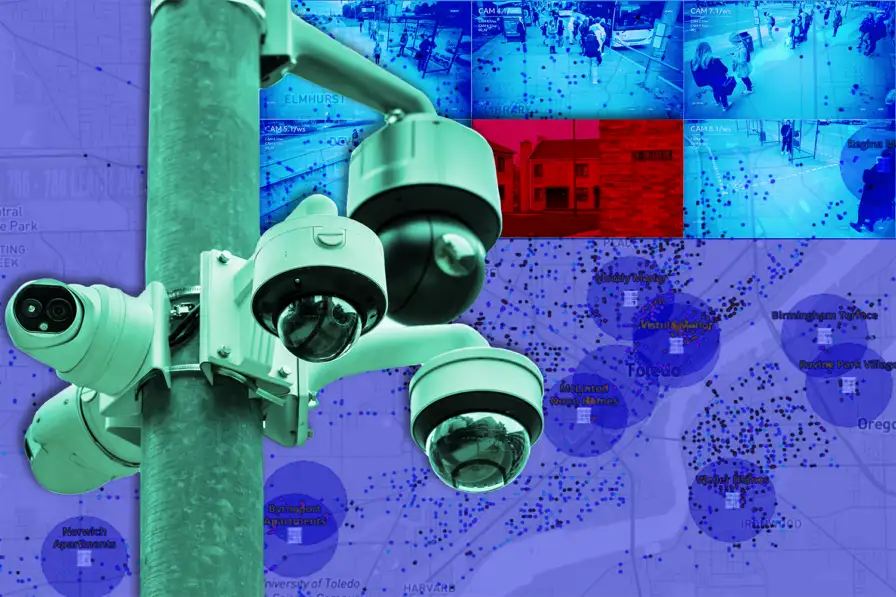 A large pole with multiple security cameras mounted on it, set against a background collage of surveillance footage feeds…