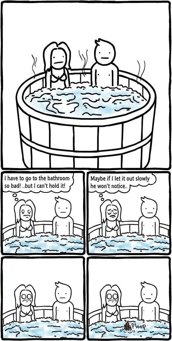 A four-panel comic shows a woman and man in a hot tub. The woman urgently needs to use the bathroom but can't hold it, so…