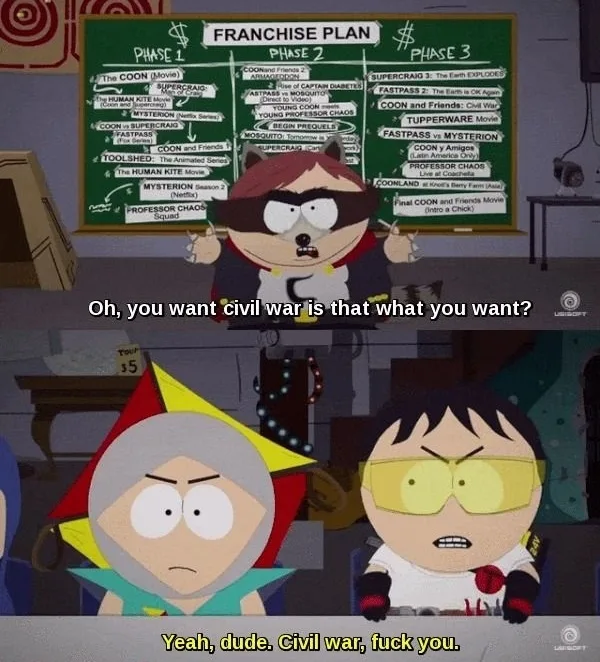 A South Park character in a superhero costume stands before a green chalkboard filled with a detailed 'Franchise Plan'…