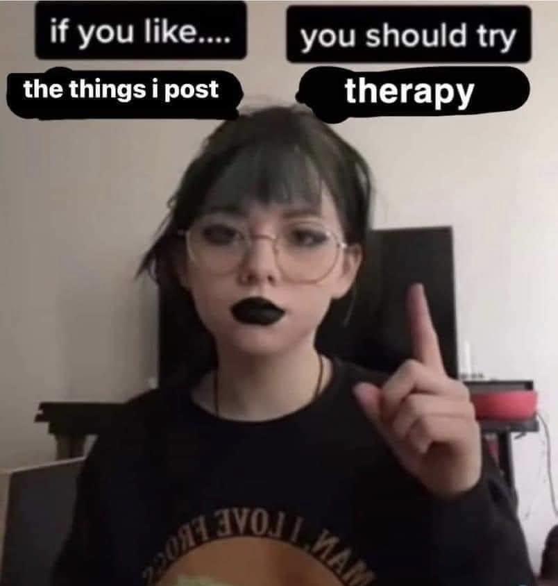 A person with dark lipstick and glasses points upward while text overlays read 'if you like.... the things i post' and 'you…