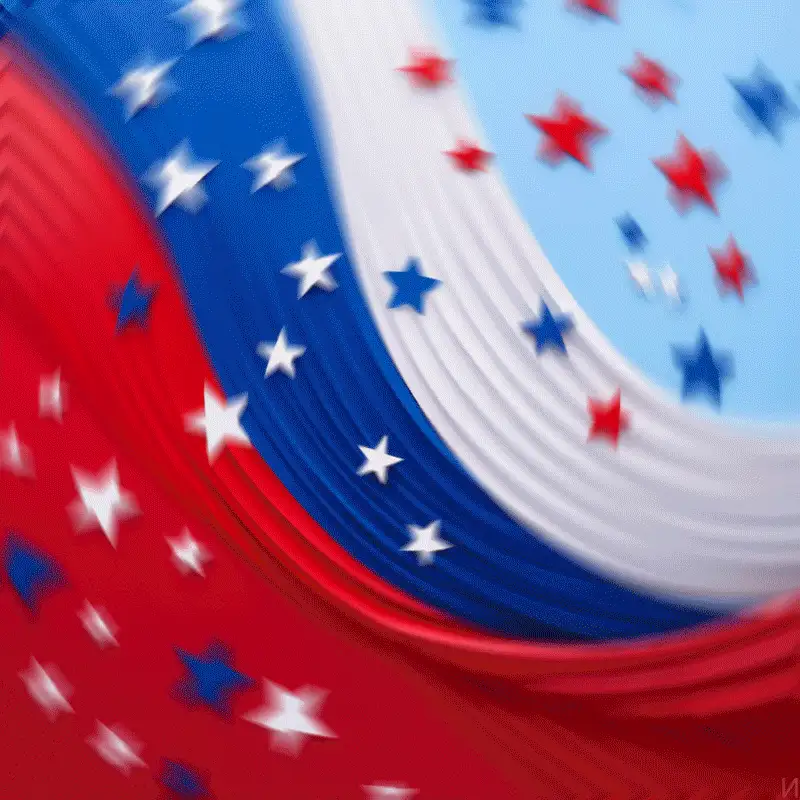The image is a six-panel meme with a patriotic red, white, and blue starry background. Two panels show a simple cartoon…