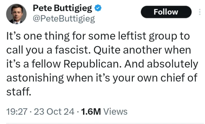 A screenshot of a tweet from Pete Buttigieg's verified Twitter account, showing his profile picture, handle @PeteButtigieg…