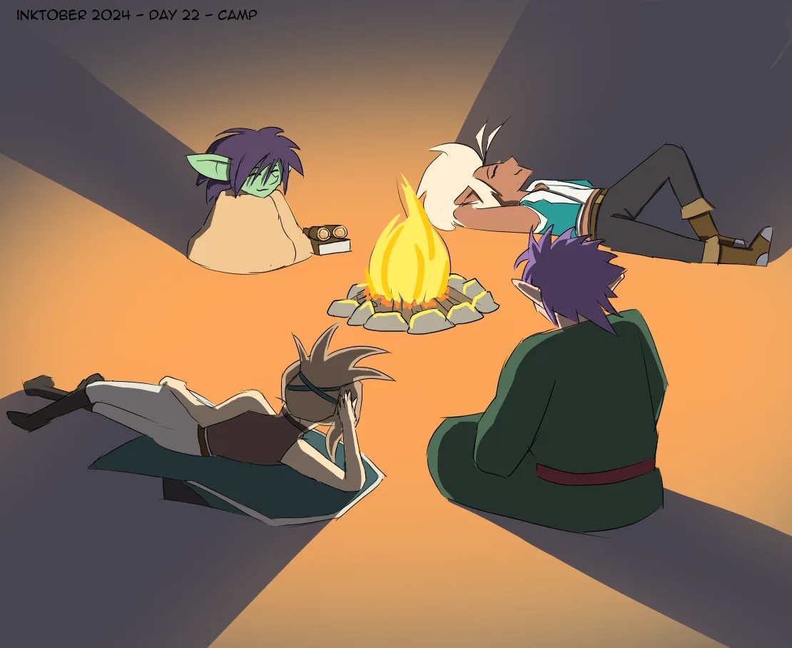 Four anime-style characters are gathered around a campfire at night, each in a relaxed pose. One character with purple hair…