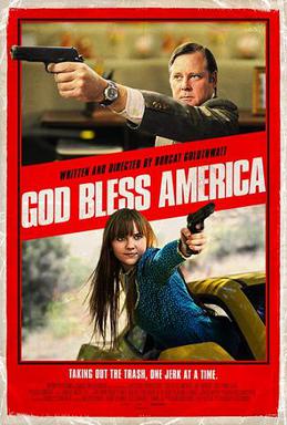 A movie poster parody featuring two people pointing guns at the viewer, overlaid with the text 'GOD BLESS AMERICA' in large…