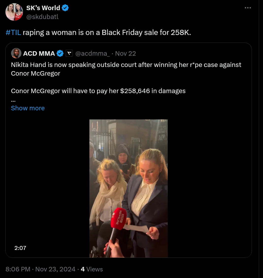 A screenshot of a Twitter post by 'SK's World' shows a tweet from 'ACD MMA' about Nikita Hand winning a rape case against…