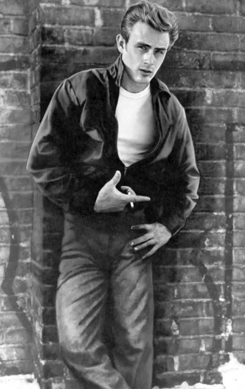 a black-and-white photo of a young man with styled hair, wearing a dark jacket over a white t-shirt and dark pants, leaning…