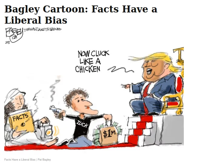A cartoon depicts Donald Trump sitting on a throne, pointing at a man in a black shirt labeled 'ZUCK' who is holding a bag…