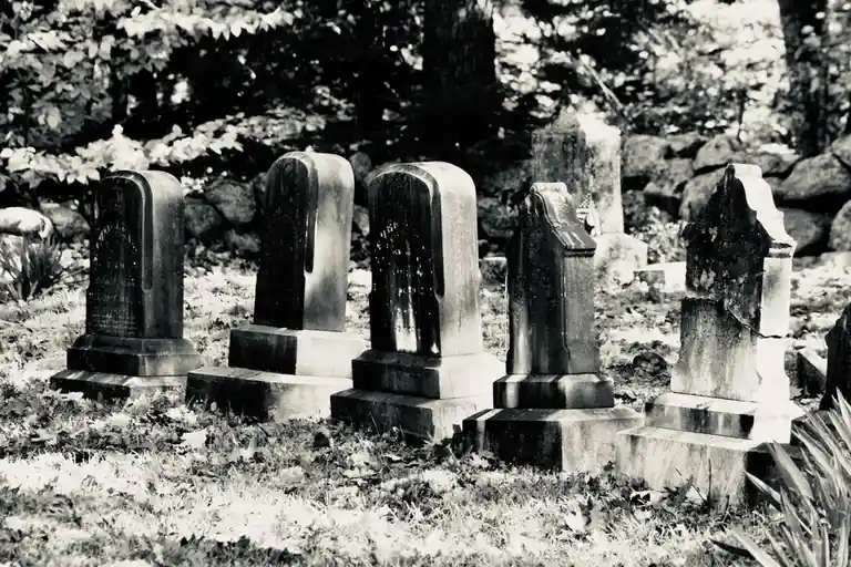 A black-and-white photo of several weathered, upright tombstones in a grassy cemetery with trees and rocks in the…