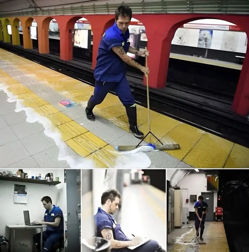A collage of images shows a man in a blue uniform mopping a subway platform in one large photo, and in three smaller photos…