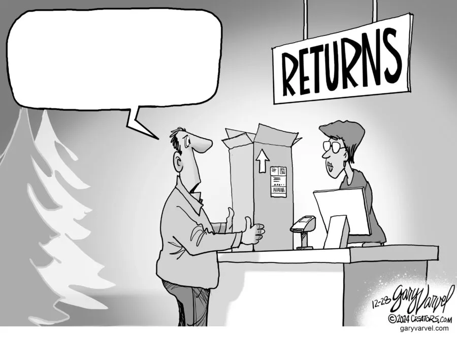 A black-and-white cartoon depicts a customer standing at a store returns counter, holding a large cardboard box with an…