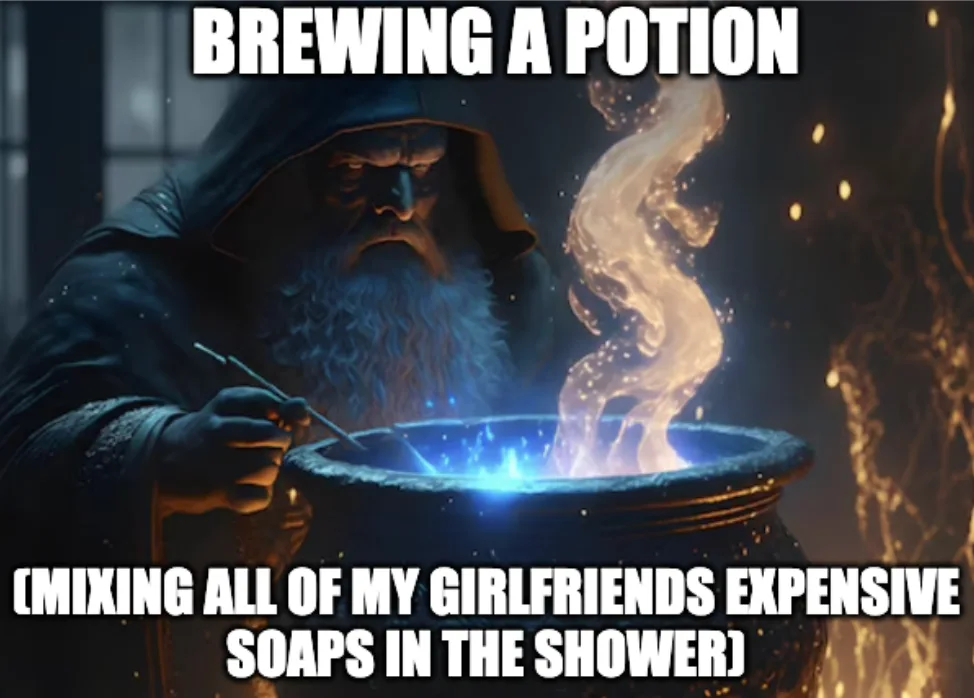 A dark-robed wizard with a long white beard stirs a glowing blue cauldron emitting swirling steam, set against a dim…