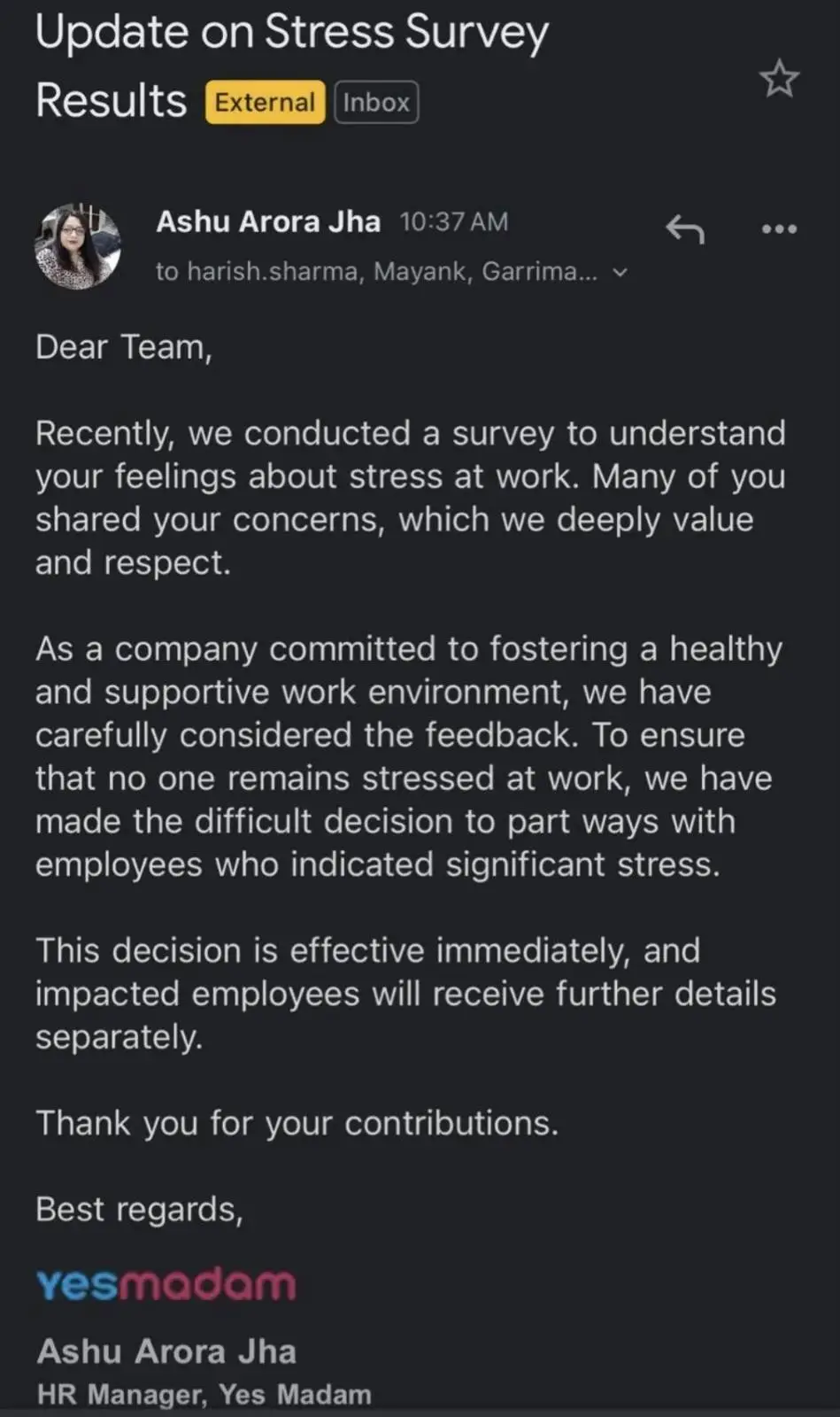 A screenshot of an email from HR Manager Ashu Arora Jha at 'Yes Madam' company, titled 'Update on Stress Survey Results'…